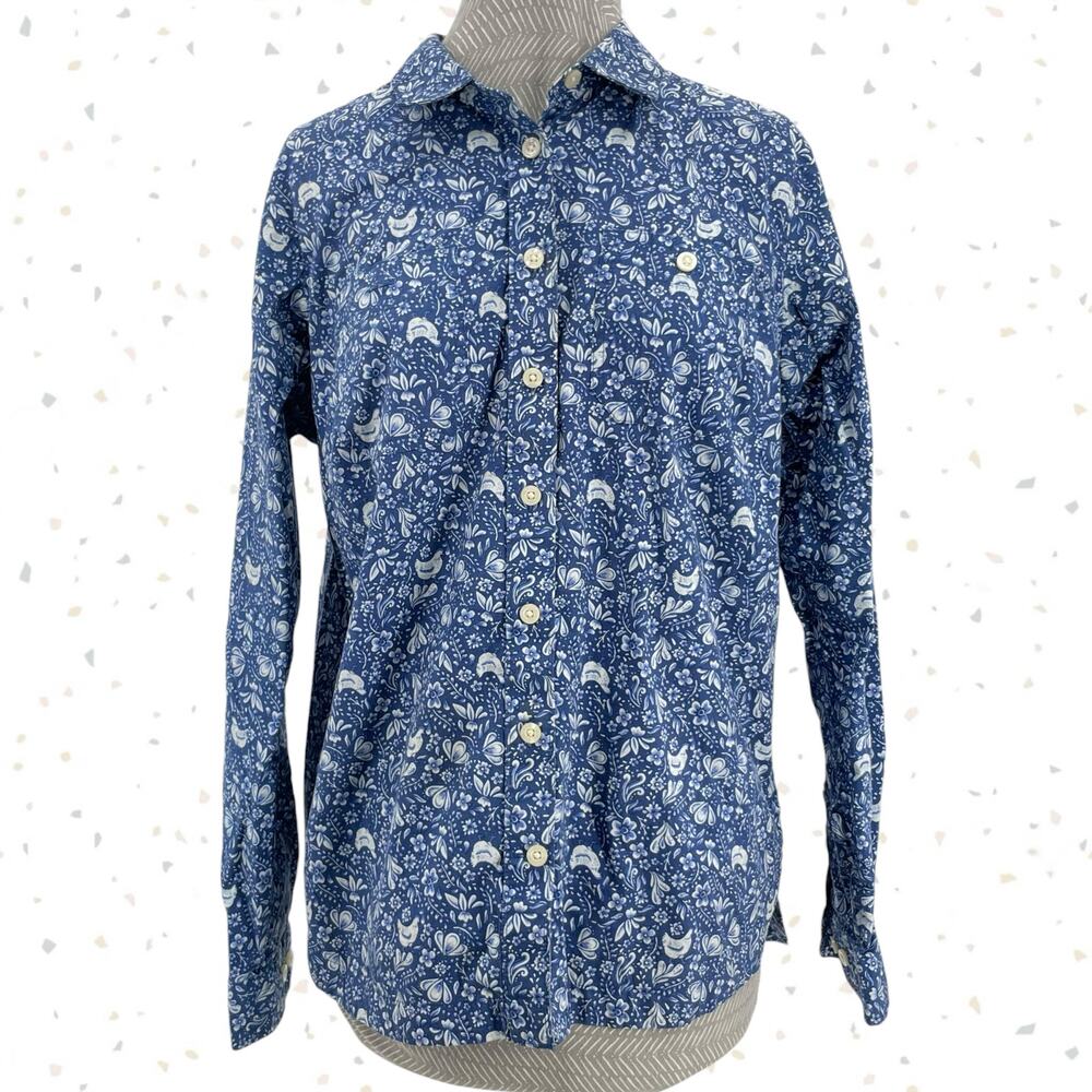 Duluth Trading Blue Chicken Printmaker Cotton Long Sleeve Button Up Shirt Size M